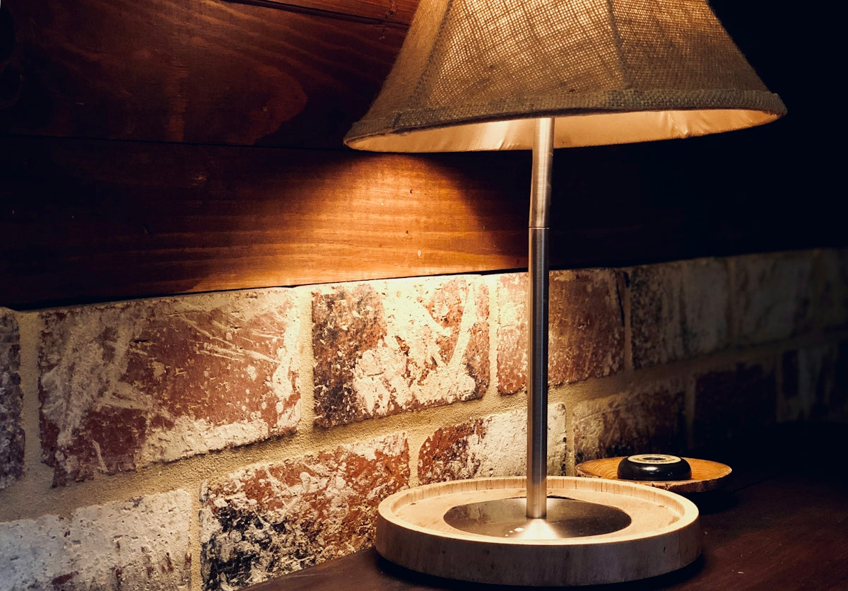 gray stainless steel and brown corded table lamp