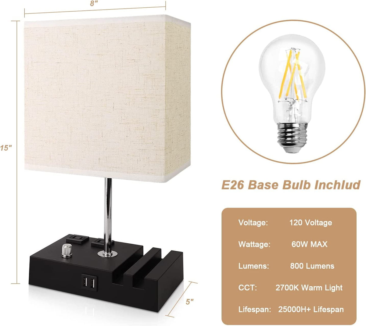 Sinaa Light Bedside Table Lamp for Bedroom with Dual Fast USB Charging Ports, Fully