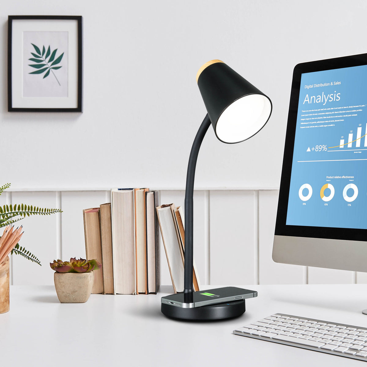 Sinaa Light OttLite Gleam LED Desk Lamp with Wireless Charging, Dimmable, Black with