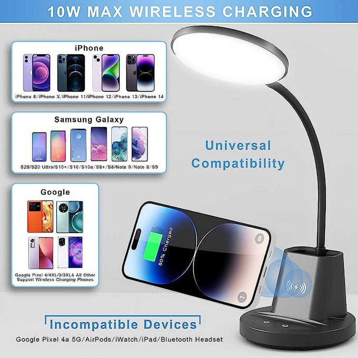 Sinaa Light Sailstar LED Desk Lamp with Wireless Charger & Pen Holder, 3 Color Modes,