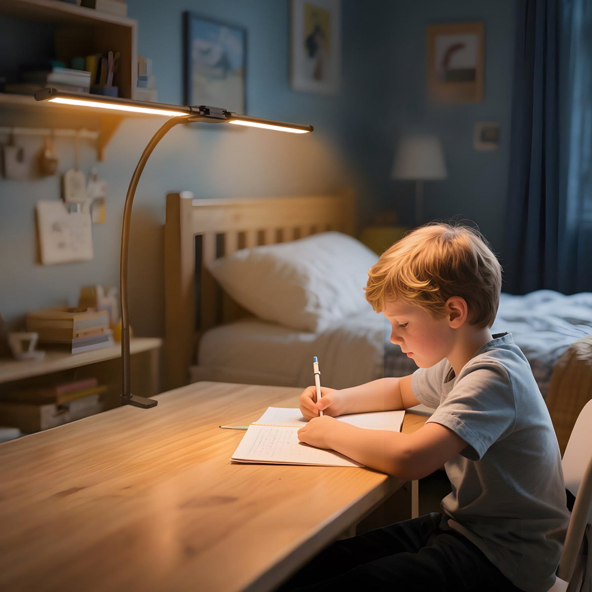 Sinaa Light LED Clip-on Desk Lamp, Double Head Reading Light, Dimmable USB Port Desk