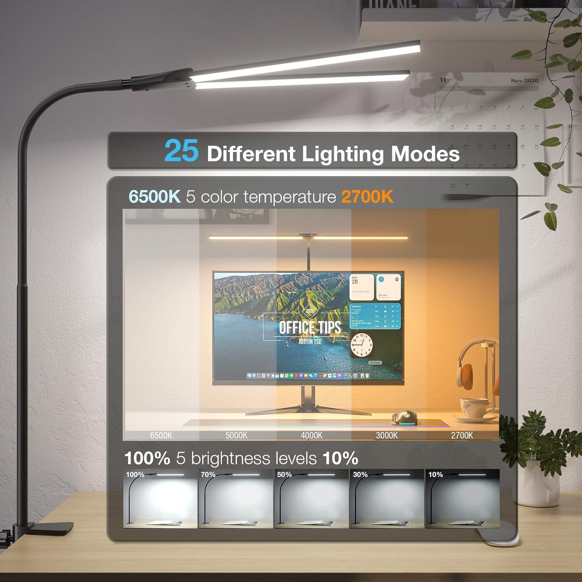 Sinaa Light LED Desk Lamps for Home Office, Double Head Monitor Light- Flexible Hose,