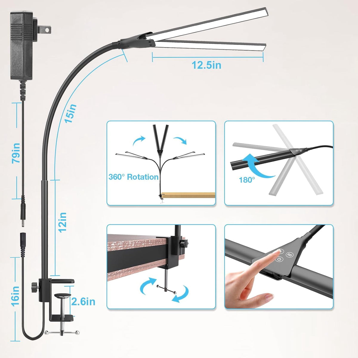 Sinaa Light LED Desk Lamps for Home Office, Double Head Monitor Light- Flexible Hose,