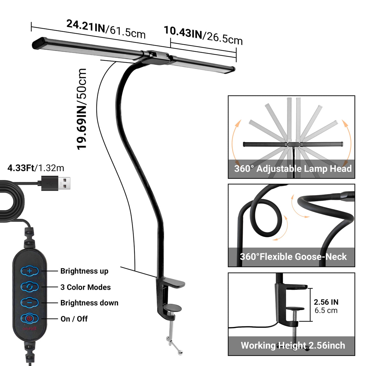 Sinaa Light LED Clip-on Desk Lamp, Double Head Reading Light, Dimmable USB Port Desk