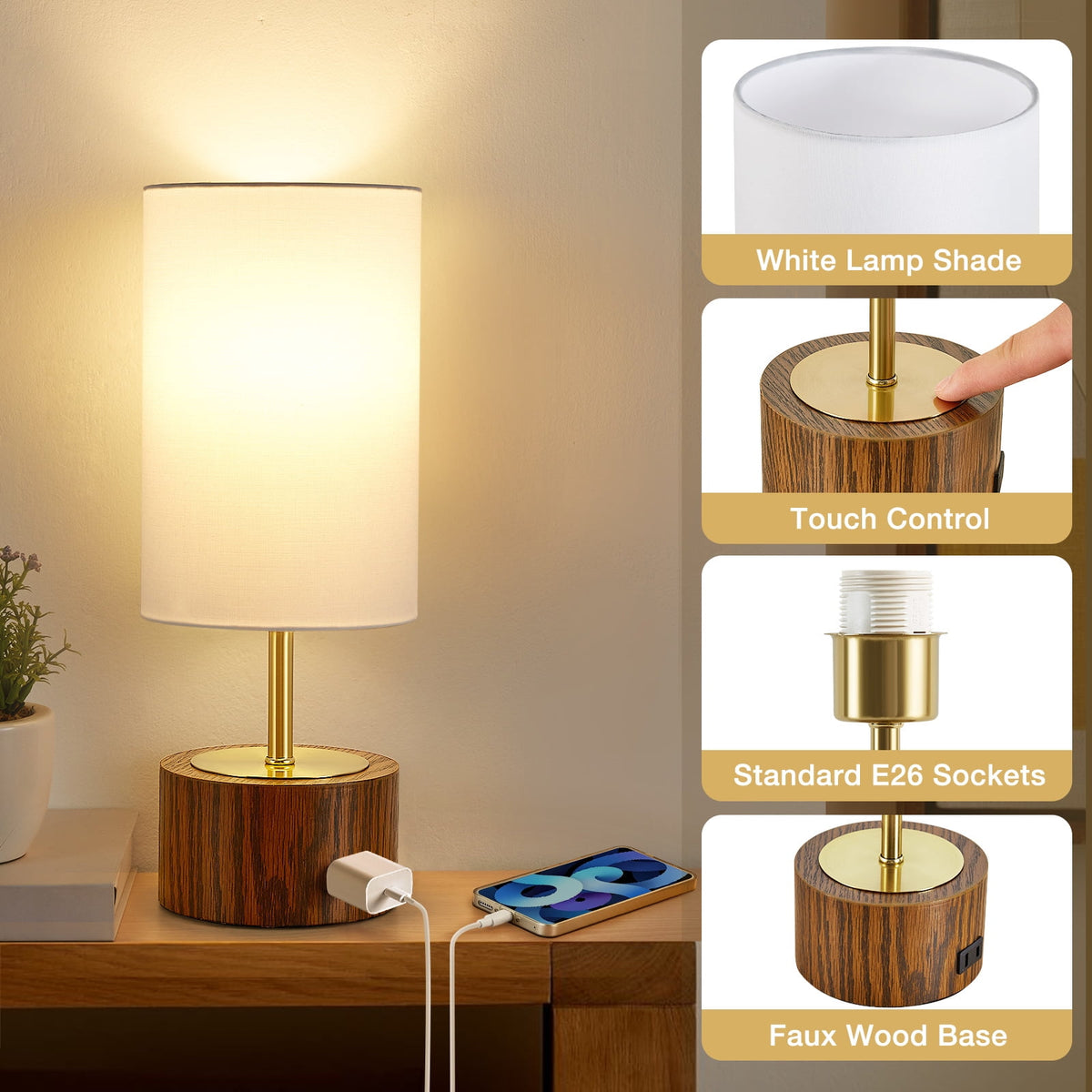 Sinaa Light NATYSWAN Bedside Table Lamps Set of 2,Touch Control Nightstand Lamp with
