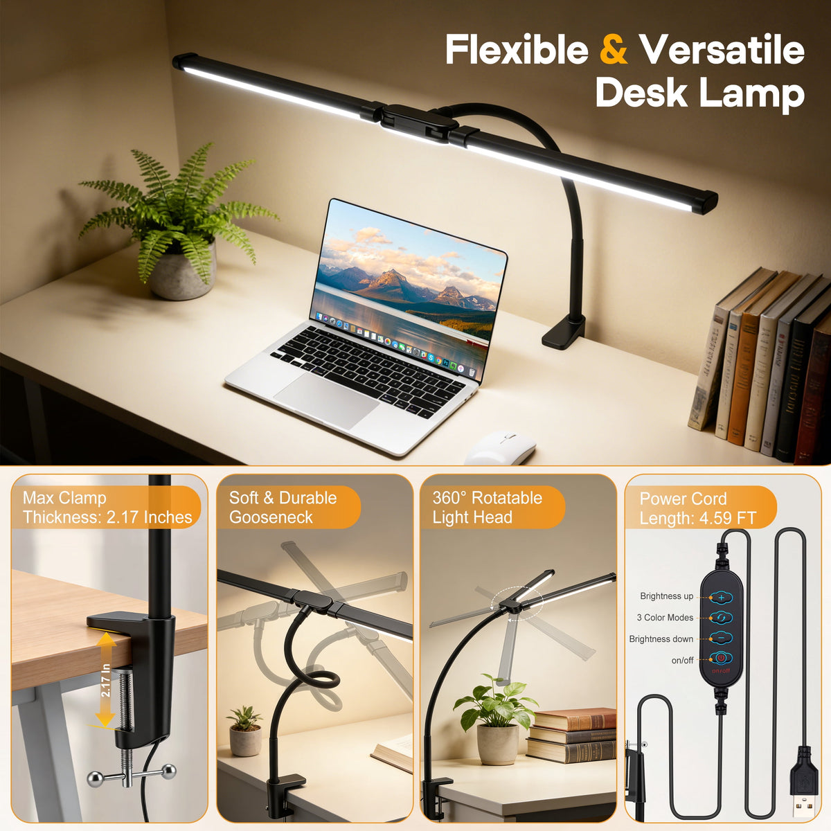 Sinaa Light LED Desk Lamp with Clamp- 24W Dual Monitor Light, Ultra Wide Architect
