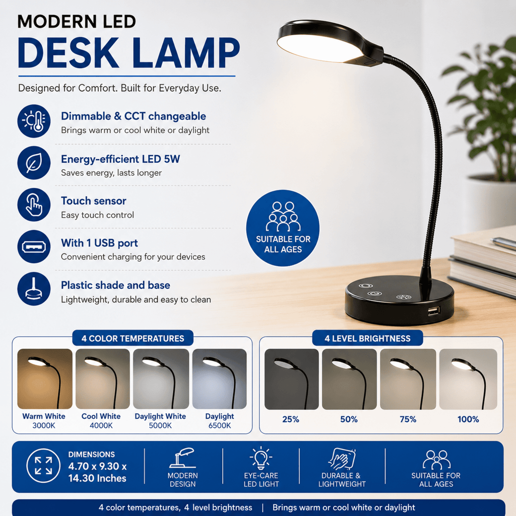 Sinaa Light LED Desk Lamp, 14.3 in, Dimmable Touch Control, Black Finish, 1-Pack
