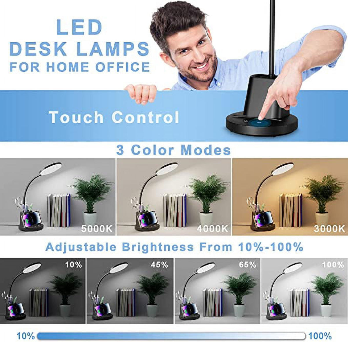 Sinaa Light Sailstar LED Desk Lamp with Wireless Charger & Pen Holder, 3 Color Modes,