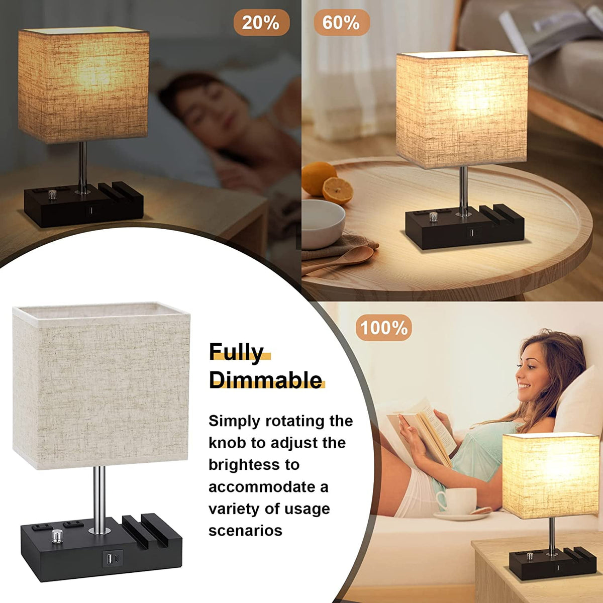 Sinaa Light Bedside Table Lamp for Bedroom with Dual Fast USB Charging Ports, Fully