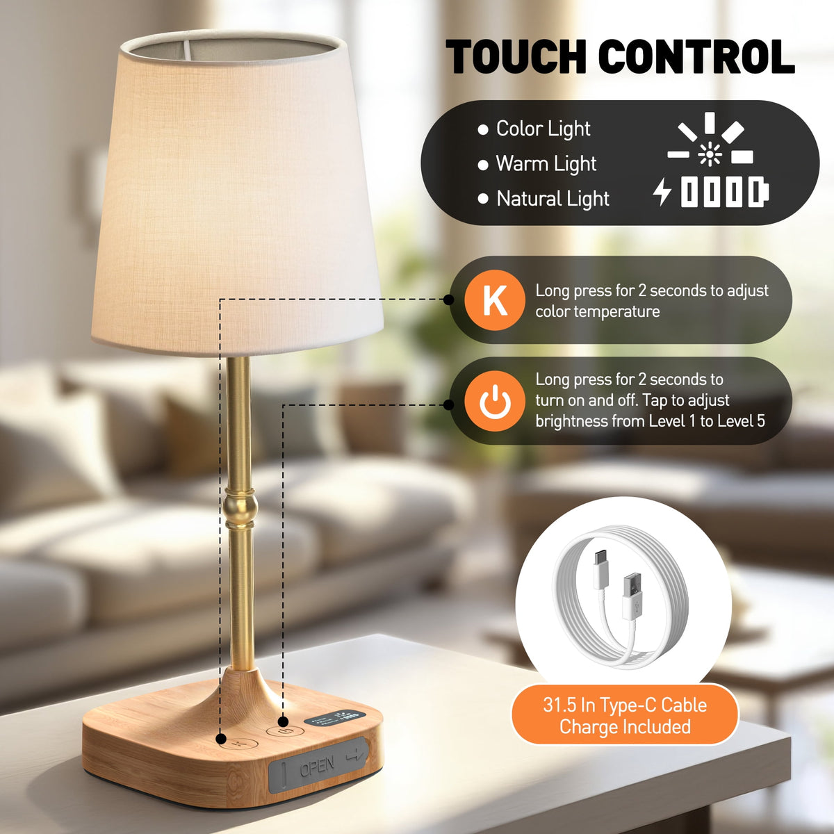 Sinaa Light Bedside Table Lamp for Bedroom, 3 Color Temperatures Cordless Bedside