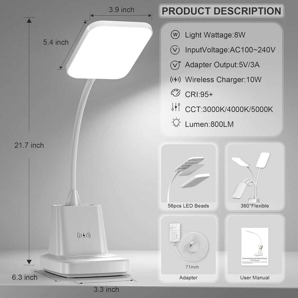 Sinaa Light Desk Lamp with Wireless Charger, LED Desk Lamps for Home Office Eye-Caring