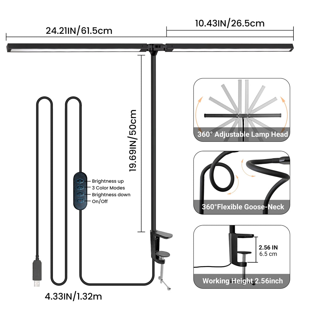 Sinaa Light GUPUP LED Clip-on Desk Lamp, Eye Caring Dimmable Reading Light, Usb Power