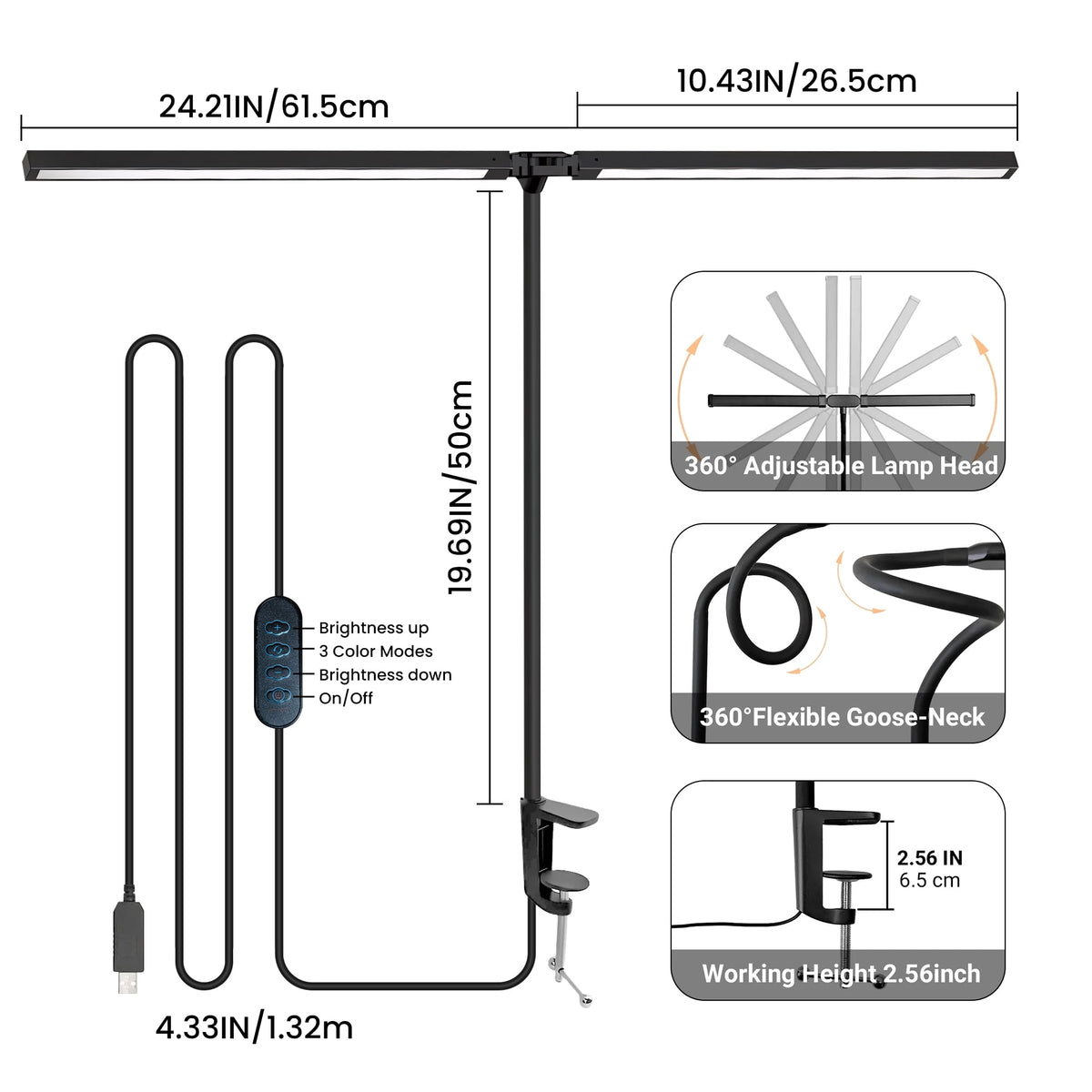 Sinaa Light GUPUP LED Clip-on Desk Lamp, Eye Caring Dimmable Reading Light, Usb Power