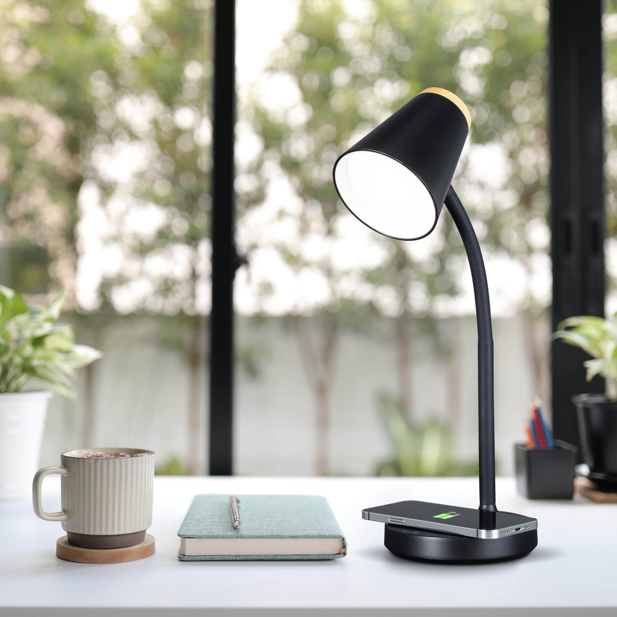 Sinaa Light OttLite Gleam LED Desk Lamp with Wireless Charging, Dimmable, Black with