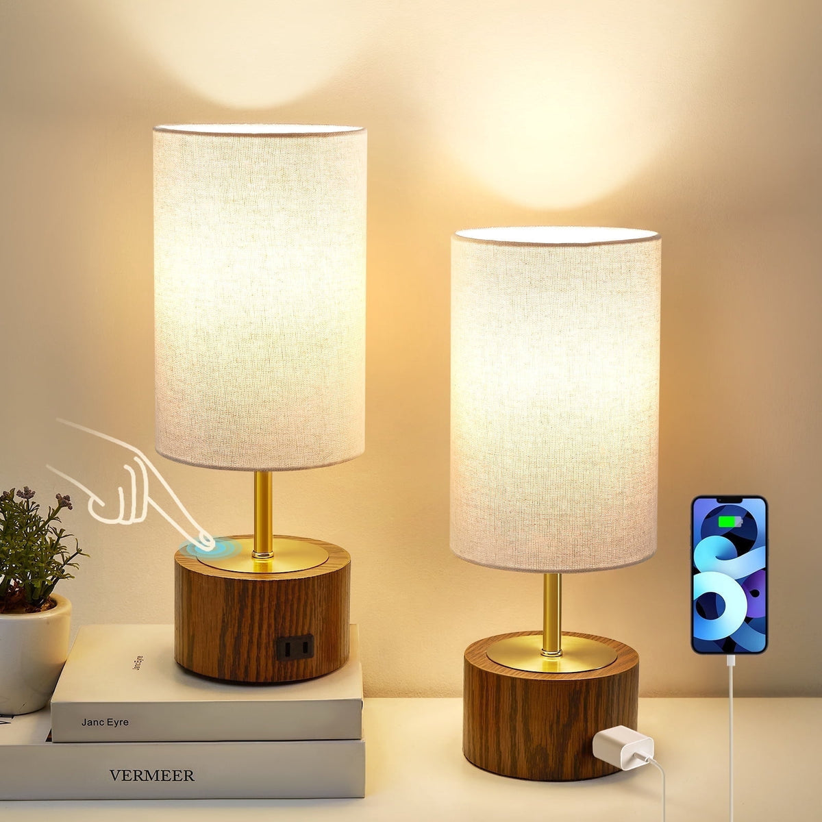 Sinaa Light NATYSWAN Bedside Table Lamps Set of 2,Touch Control Nightstand Lamp with