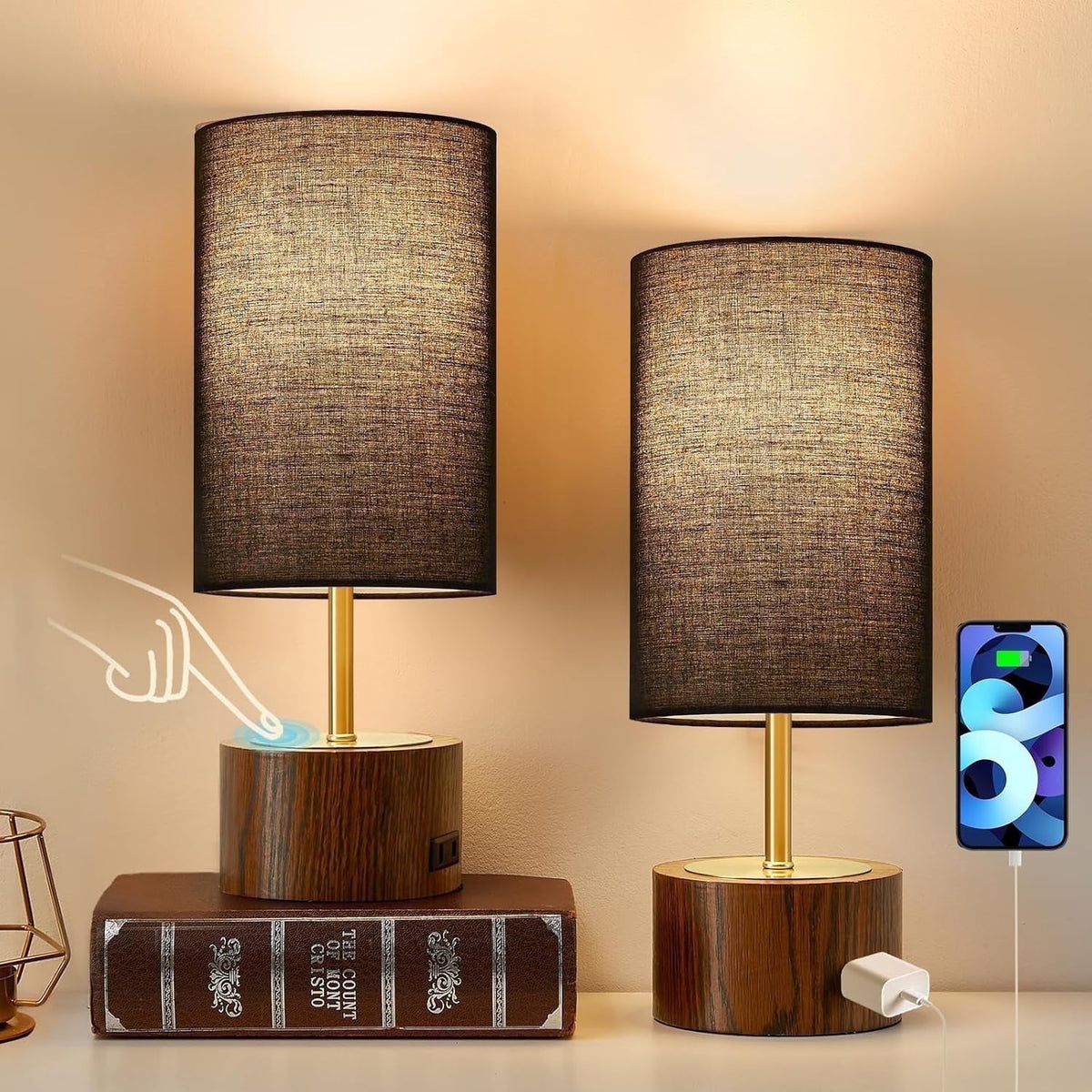 Sinaa Light NATYSWAN Bedside Table Lamps Set of 2,Touch Control Nightstand Lamp with