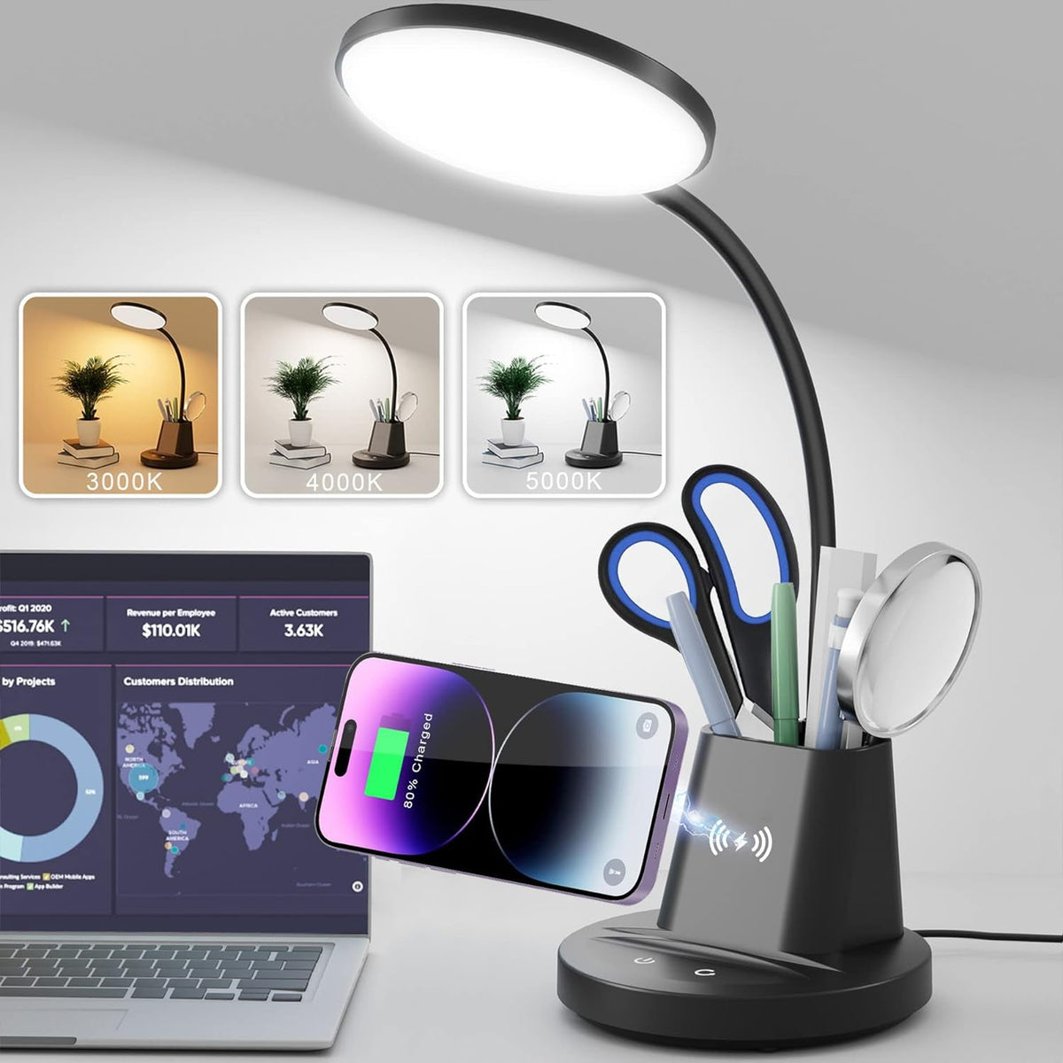 Sinaa Light Sailstar LED Desk Lamp with Wireless Charger & Pen Holder, 3 Color Modes,