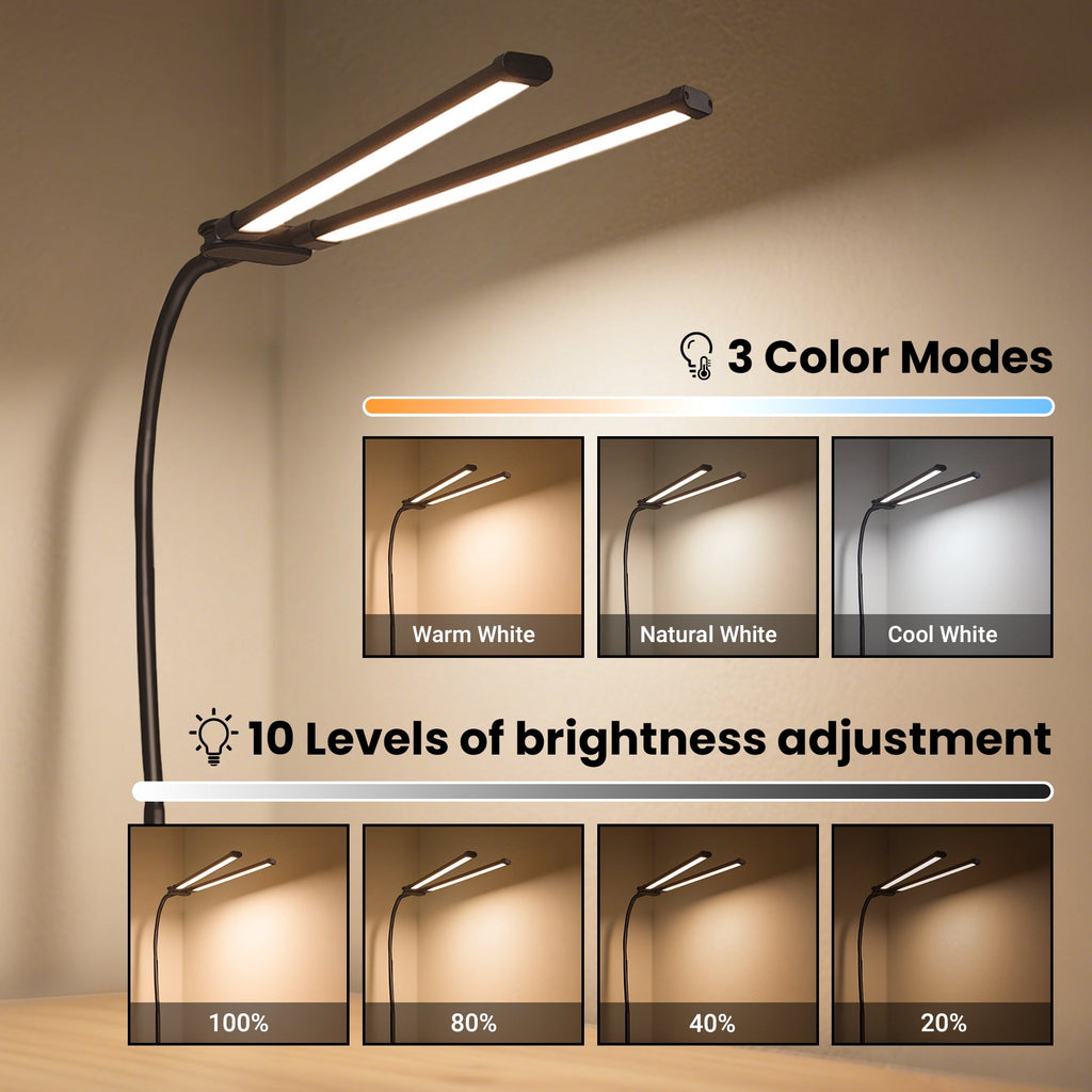 Sinaa Light LED Clip-on Desk Lamp, Double Head Reading Light, Dimmable USB Port Desk