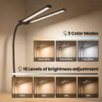 Sinaa Light LED Clip-on Desk Lamp, Double Head Reading Light, Dimmable USB Port Desk