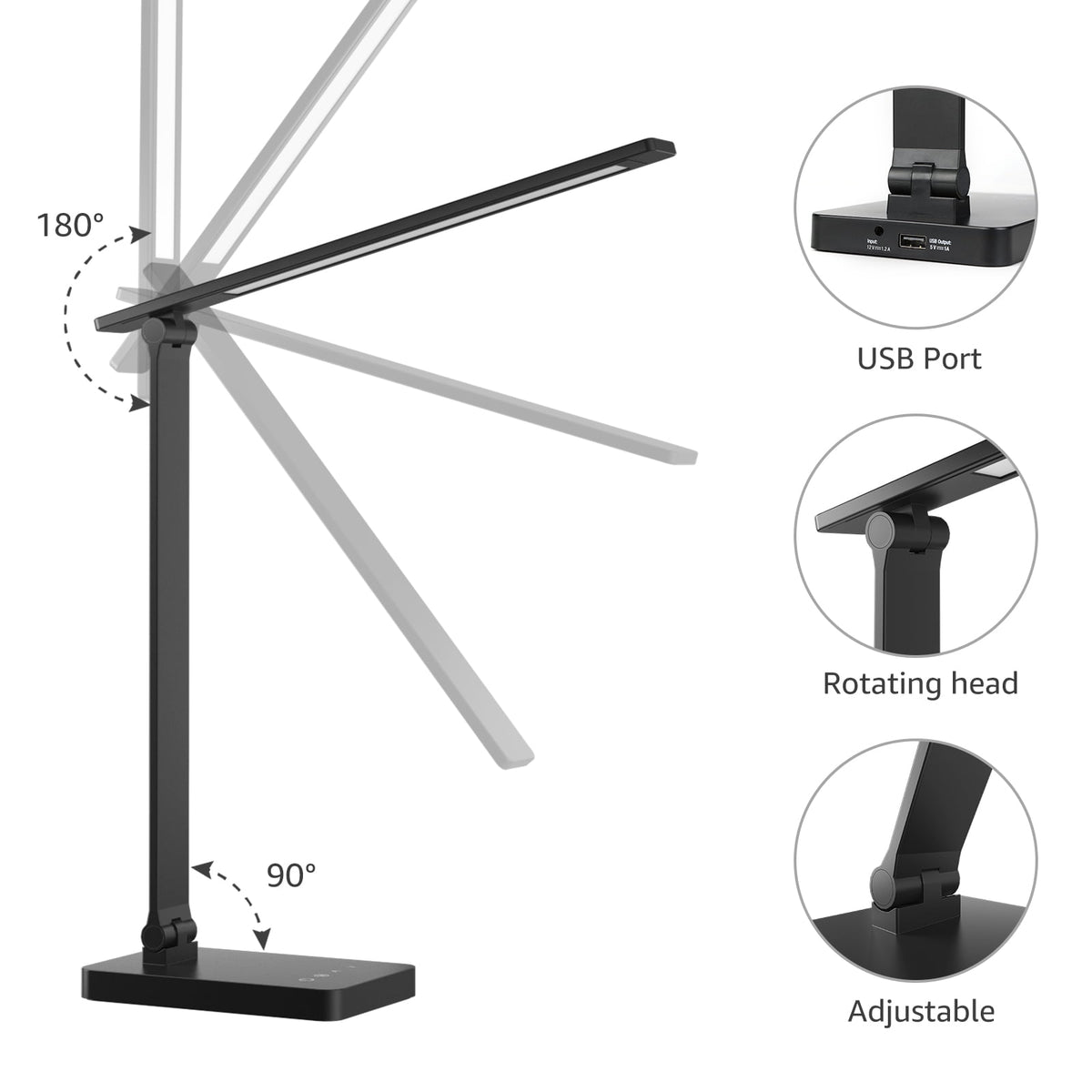 Sinaa Light LED Dimmable Reading Desk Lamp with USB Charging Port, 15W 96 LEDs 550