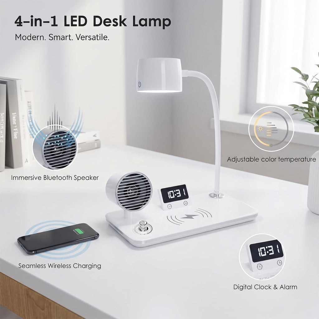 Sinaa Light Behome 4-in-1 Desk Lamp with Wireless Charger, Digital Clock & Bluetooth
