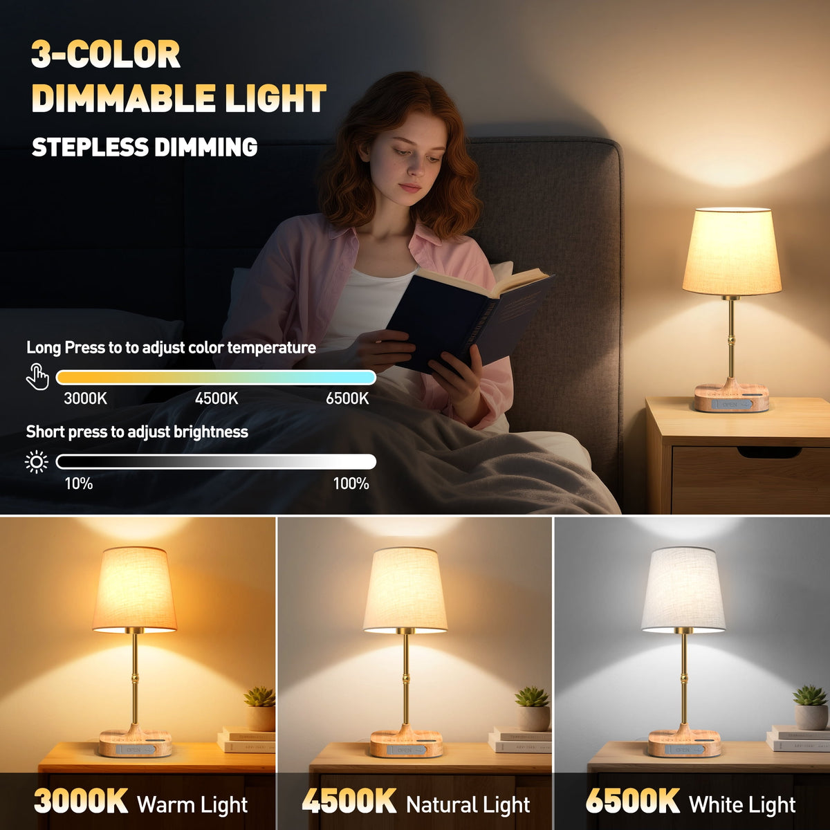 Sinaa Light Bedside Table Lamp for Bedroom, 3 Color Temperatures Cordless Bedside