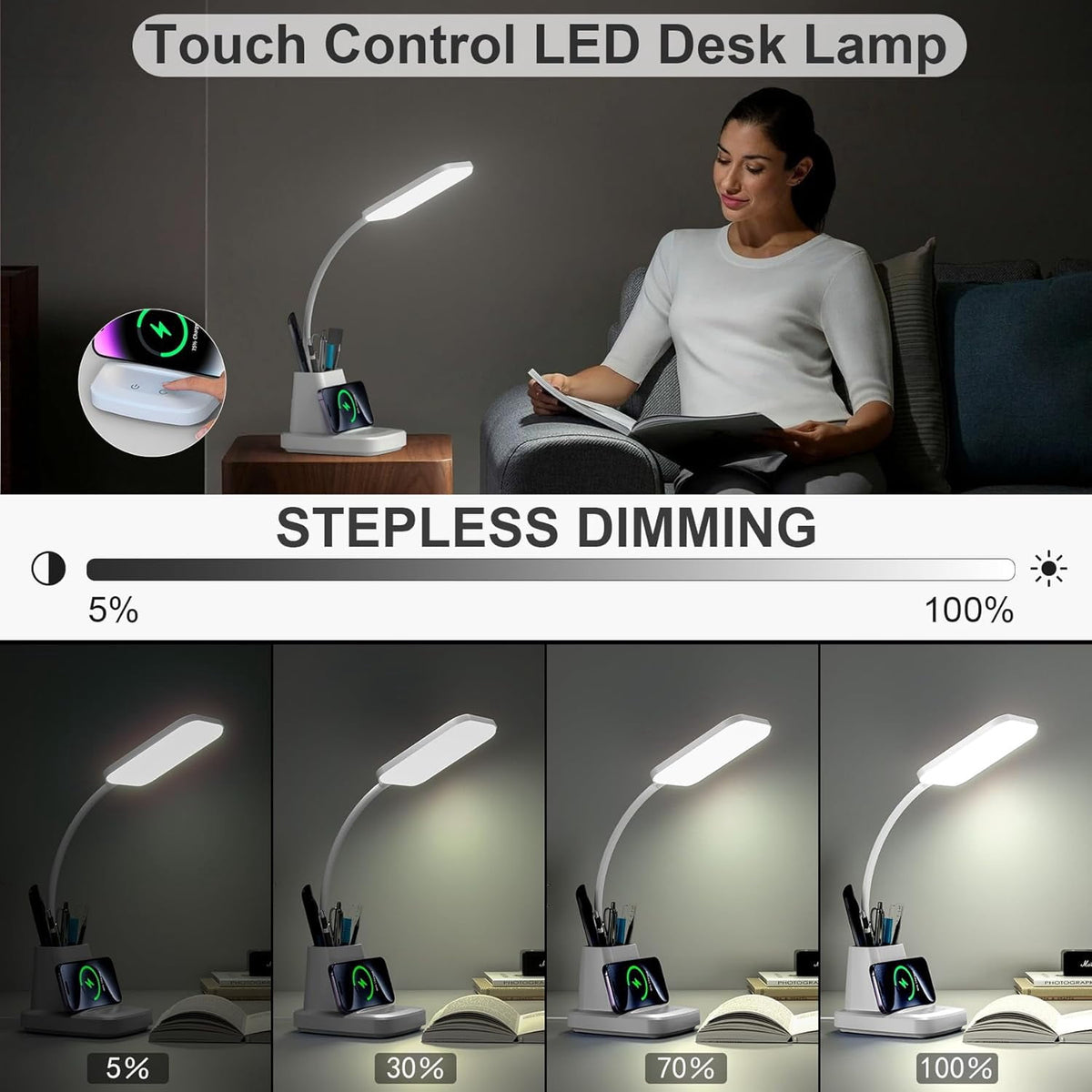 Sinaa Light Desk Lamp with Wireless Charger, LED Desk Lamps for Home Office Eye-Caring
