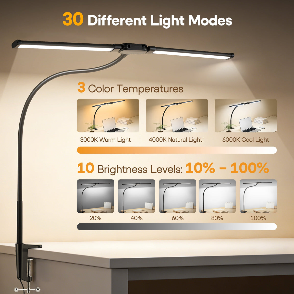 Sinaa Light LED Desk Lamp with Clamp- 24W Dual Monitor Light, Ultra Wide Architect