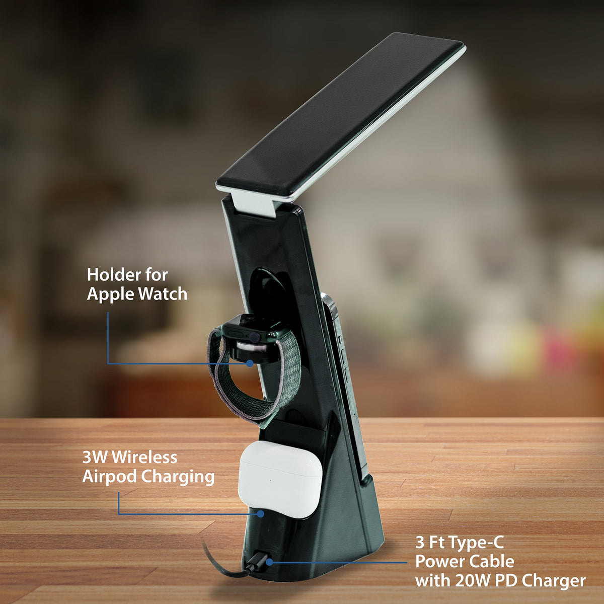 Sinaa Light 10.9' 5-in-1 LED Dimmable Wireless Charging Foldable Hinge Desk Lamp